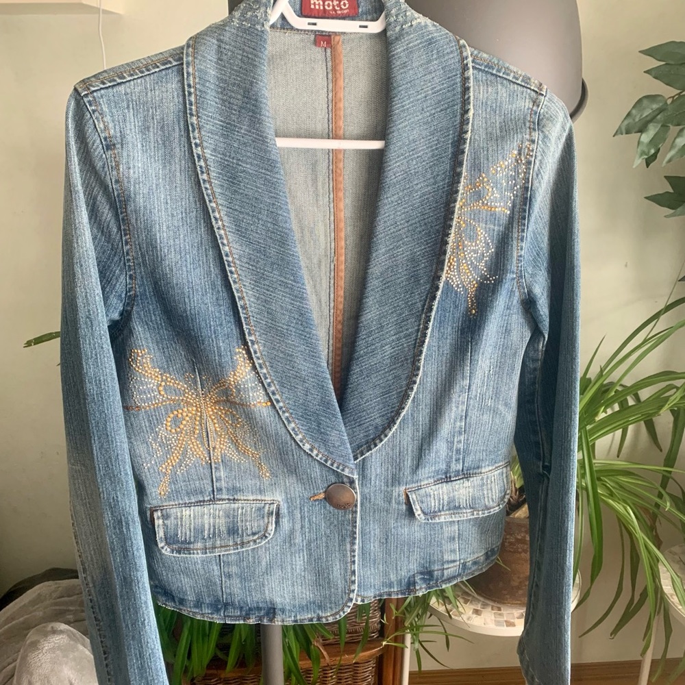 ladies Moto denim jacket with gold sequins. size medium